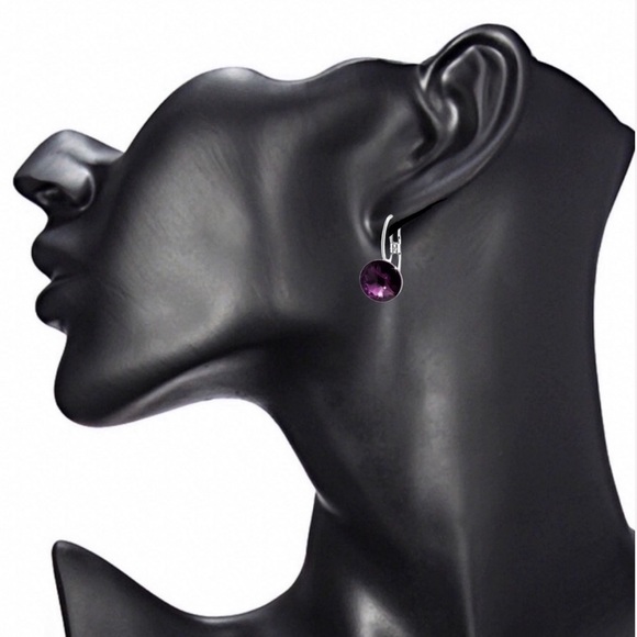 Deep Plum Austrian Crystal Lever Back Earrings - Picture 7 of 8